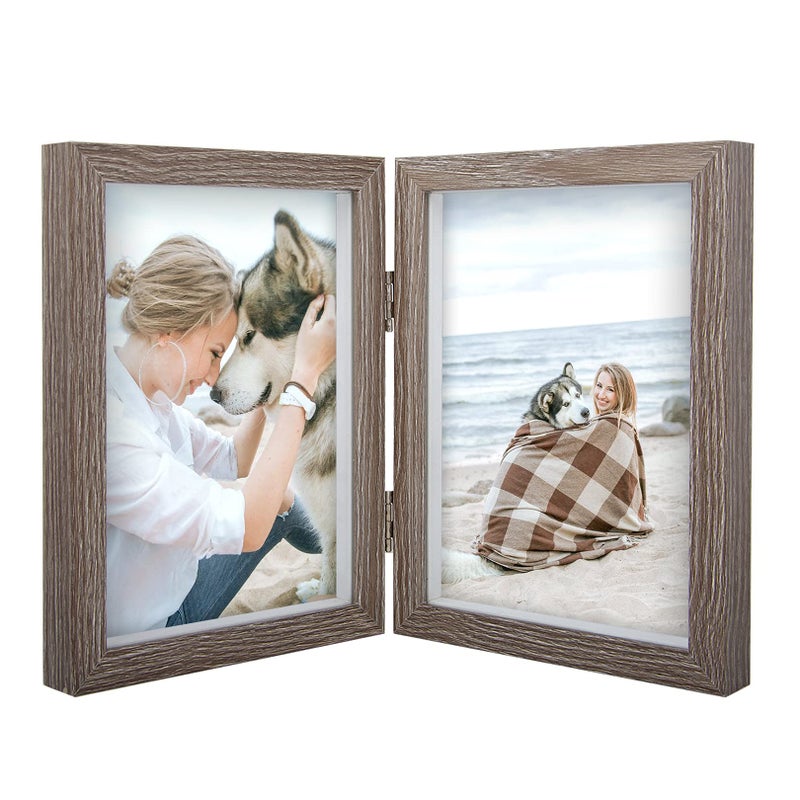 AEVETE 5x7 Double Picture Frames Hinged Wood Folding Picture Frames Vertically Display, Real Glass Front, Gray - Image 1